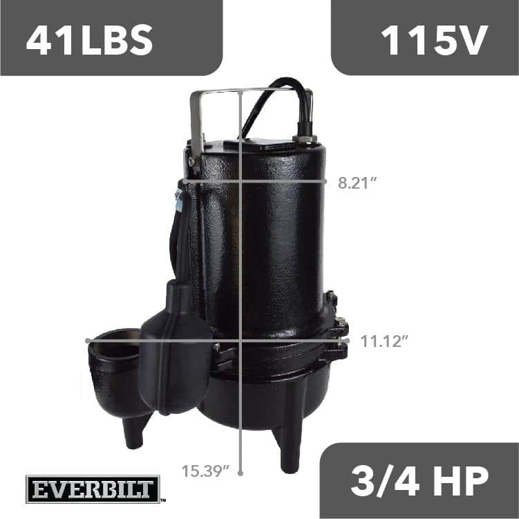 Everbilt 3/4 HP Sewage Ejector Pump, Cast Iron, 2 in. Solids Handling