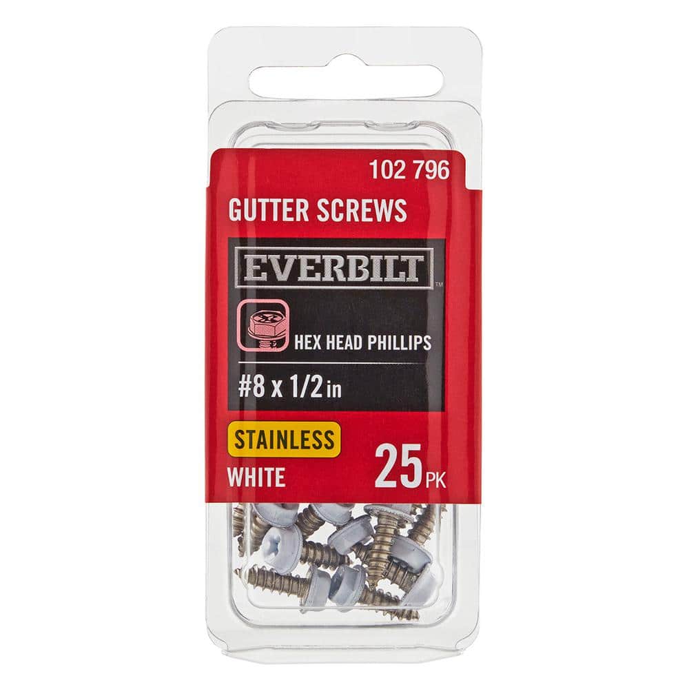 Everbilt #8 x 1/2 in. White Stainless Steel Hex Head Phillips Gutter Sheet Metal Screws (25-Pack)
