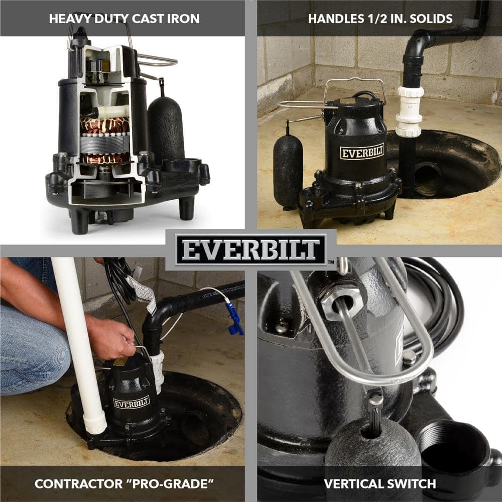 Everbilt 1/3 HP Cast Iron Submersible Sump Pump, HDS30, 3510 GPH, 10 ft Cord