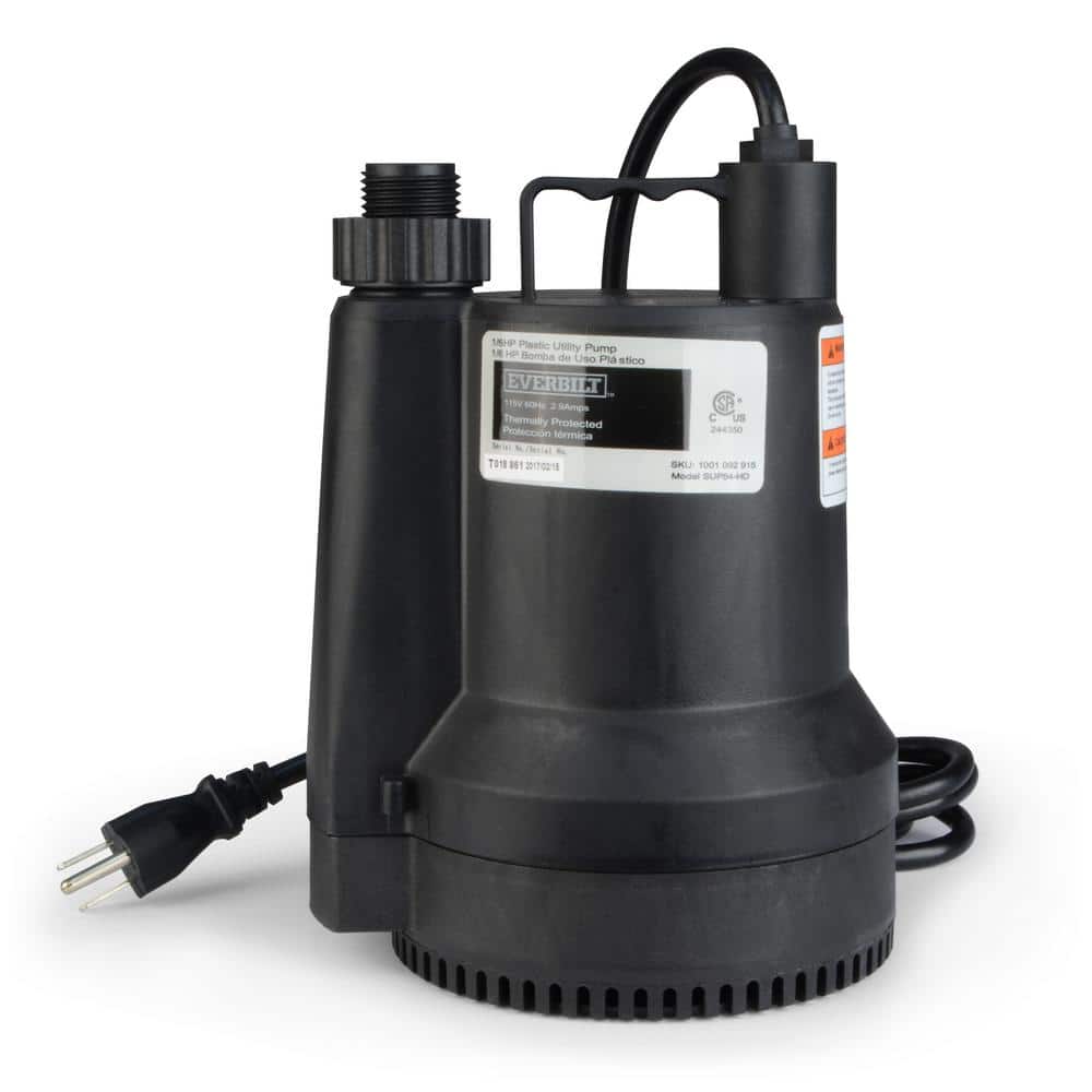 Everbilt 1/6 HP Plastic Submersible Utility Pump, 1680 GPH, 8 ft Cord