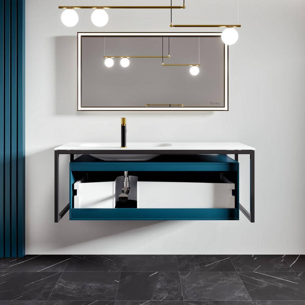 Eviva Modena 51 in. W x 18 in. D Blue Wallmount Bathroom Vanity with White Solid Surface Integrtated Sink Top