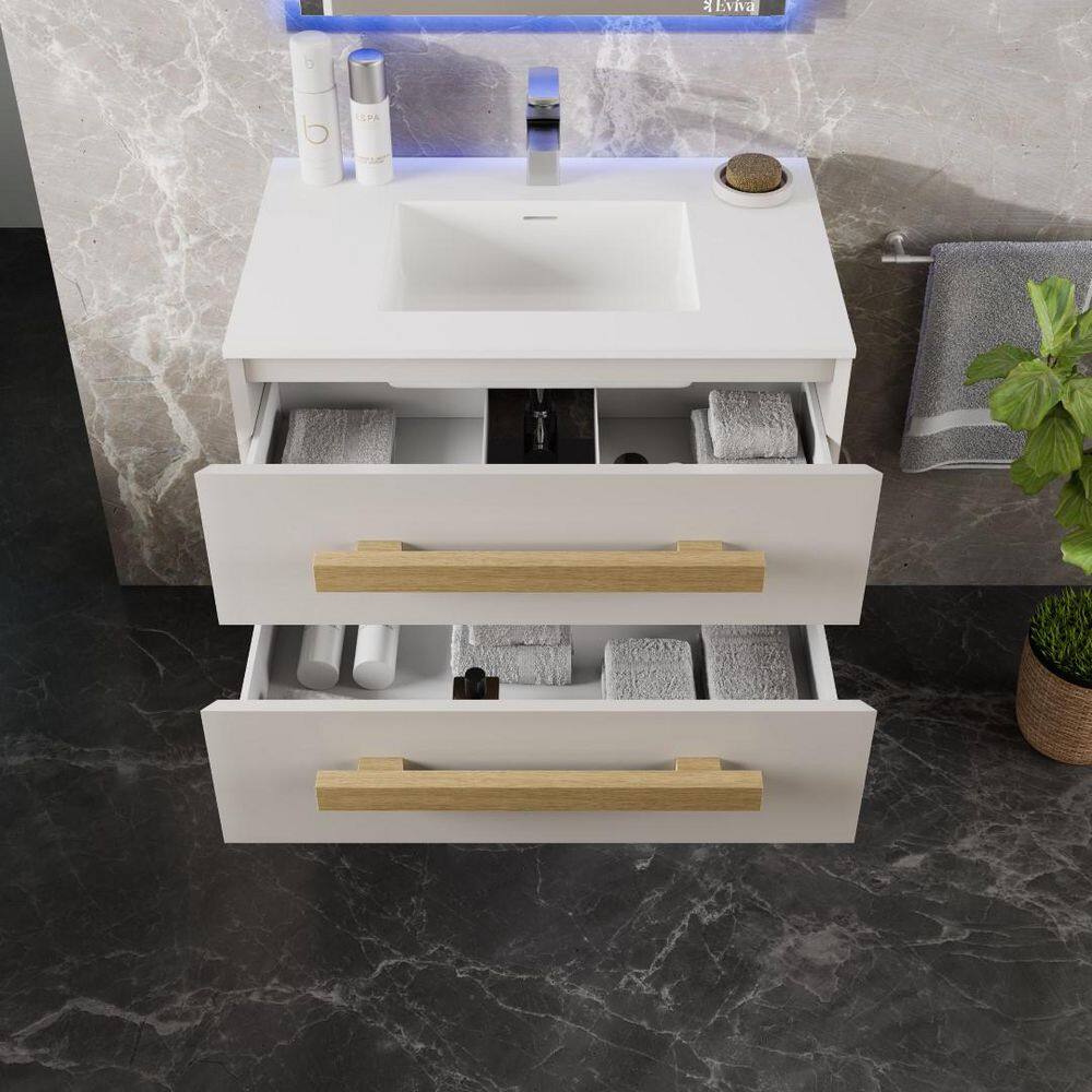 Eviva Element 32"W x 20"D White Wall-Mount Bathroom Vanity with White Solid Surface Countertop and Integrated Sink