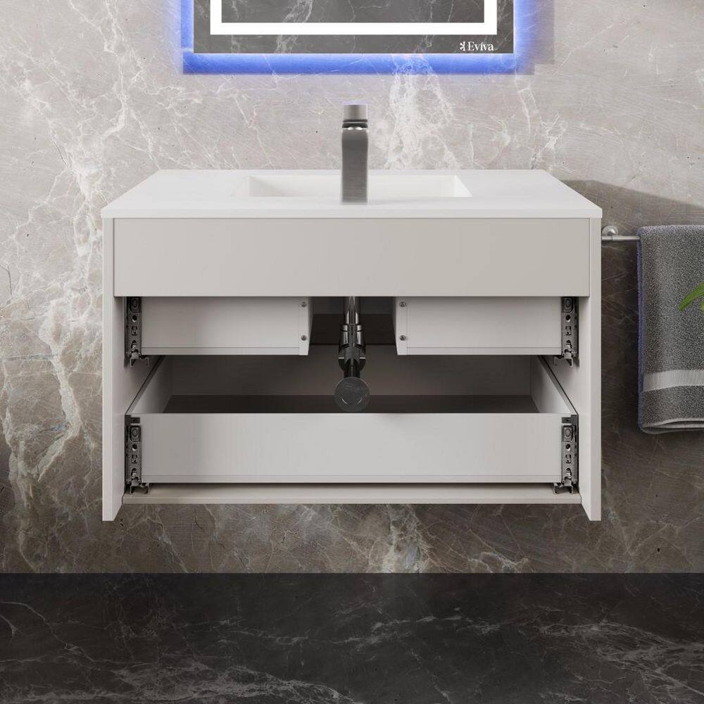 Eviva Element 32"W x 20"D White Wall-Mount Bathroom Vanity with White Solid Surface Countertop and Integrated Sink