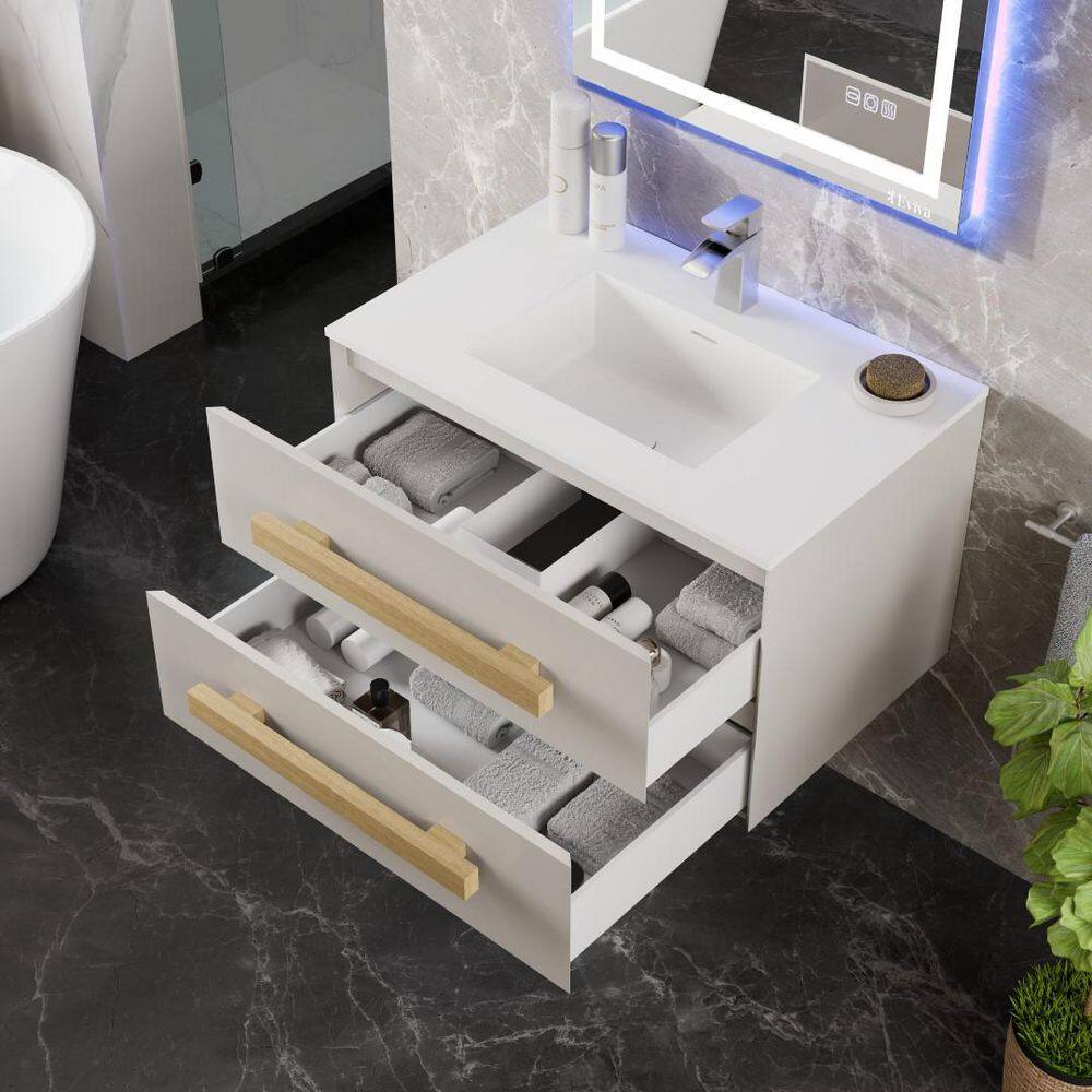 Eviva Element 32"W x 20"D White Wall-Mount Bathroom Vanity with White Solid Surface Countertop and Integrated Sink