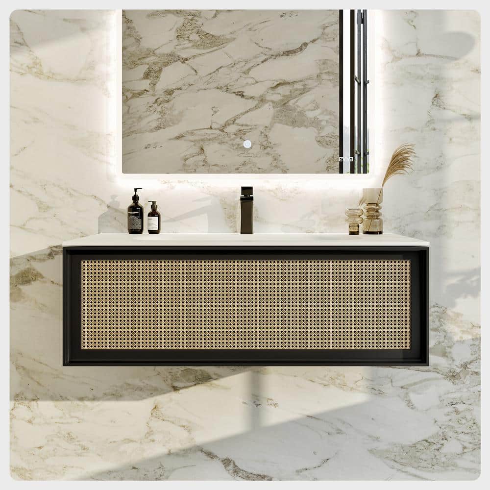 Eviva Nets 44 in. W x 14 in. D x 21 in . H Floating Bathroom Vanity in Black with White Solid Surface Top
