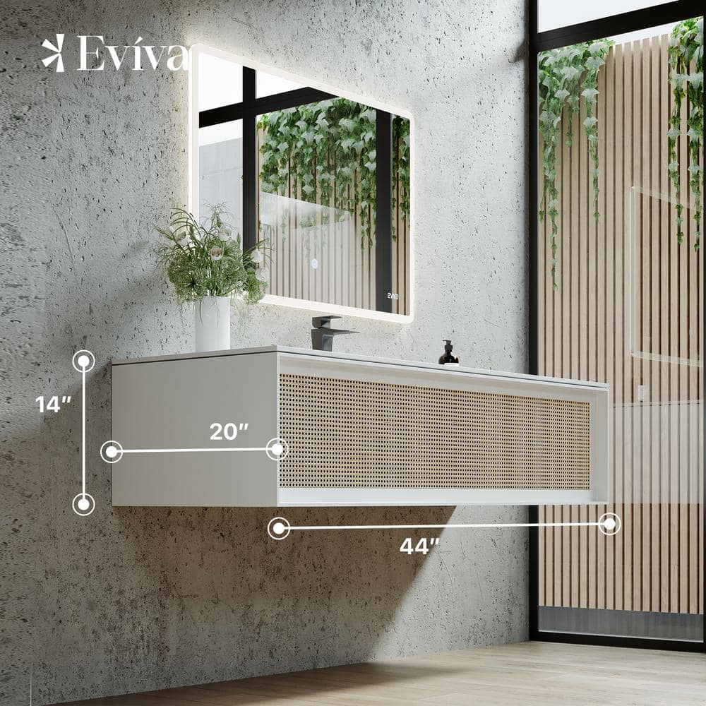 Eviva Nets 44 in. W x 14 in. D x 21 in . H Floating Bathroom Vanity in White with White Solid Surface Top