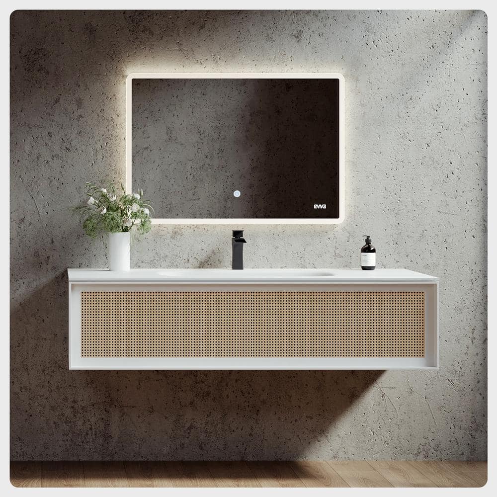 Eviva Nets 44 in. W x 14 in. D x 21 in . H Floating Bathroom Vanity in White with White Solid Surface Top