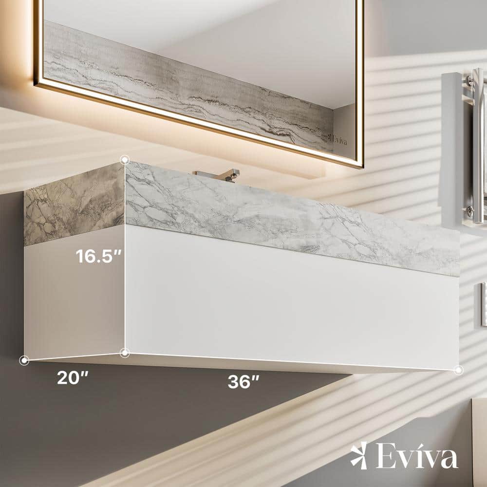 Eviva Fritti 36 in. W x 19 in. D x 12.5 in. H Bathroom Vanity in White with White Carrara Marble Top with Trough Sink