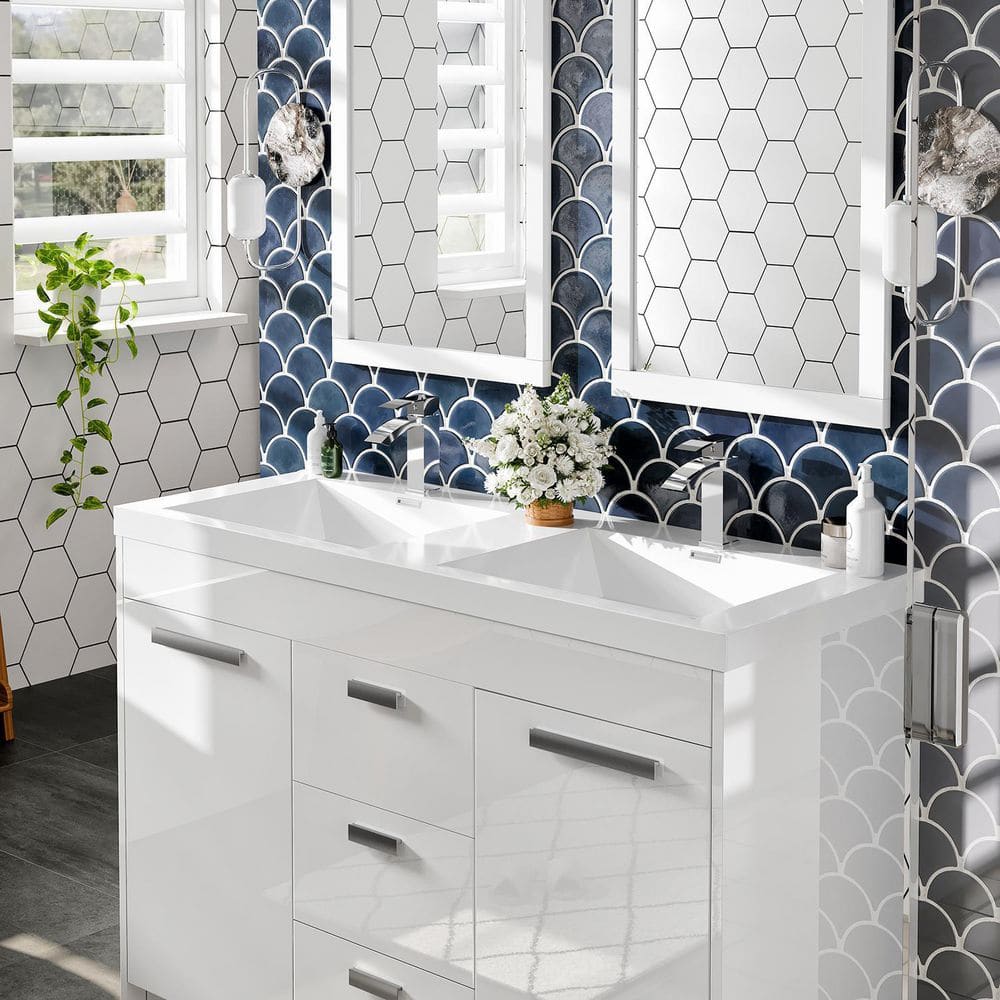 Eviva Lugano 48 in. W x 19 in. D x 36 in. H Double Bathroom Vanity, Natural Oak, White Acrylic Top with Integrated Sinks