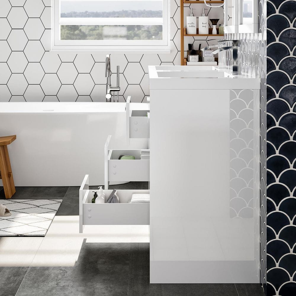Eviva Lugano 48 in. W x 19 in. D x 36 in. H Double Bathroom Vanity, Natural Oak, White Acrylic Top with Integrated Sinks