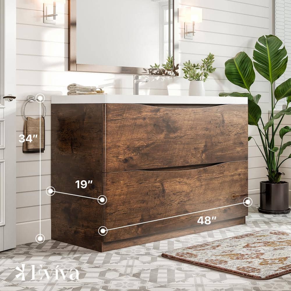 Eviva Smiley 48 in. W x 19 in. D x 33.5 in. H Freestanding Bath Vanity in Rosewood with White Porcelain Top