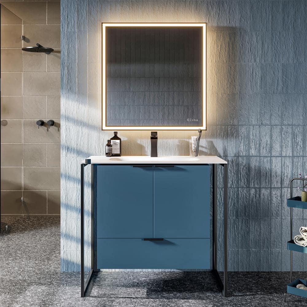 Moma 32 in. W x 18 in. D x 33.4 in. H Bathroom Vanity in Blue with White Solid Surface Top with White Sink