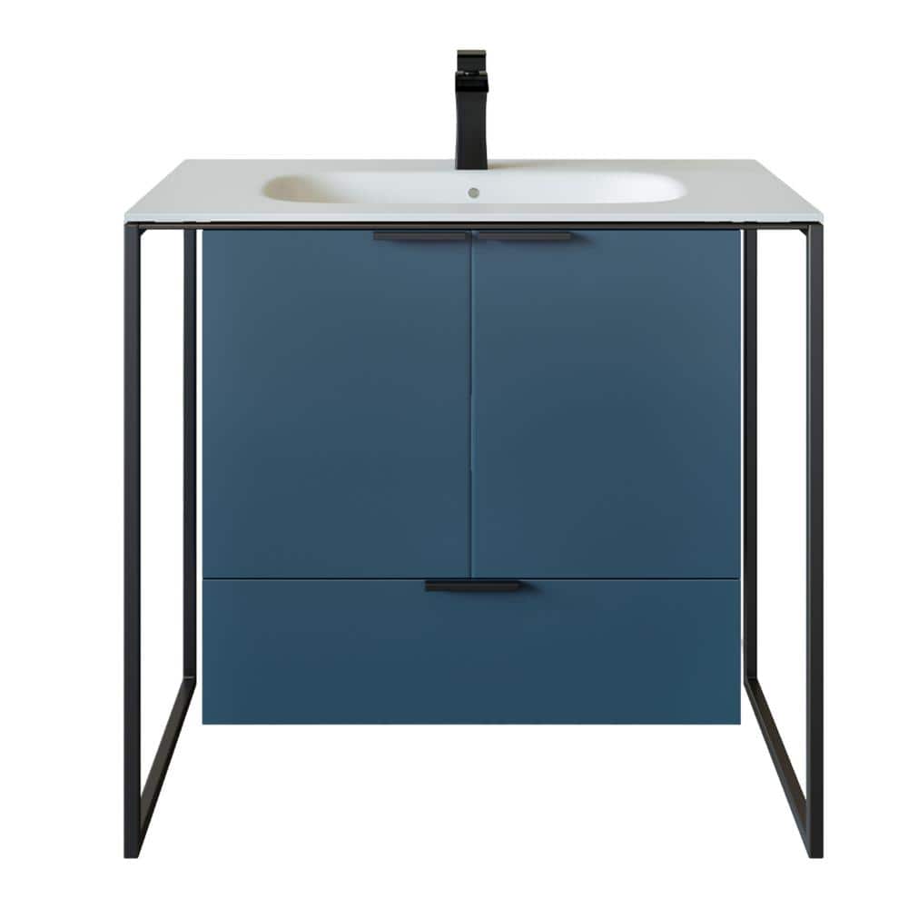 Moma 32 in. W x 18 in. D x 33.4 in. H Bathroom Vanity in Blue with White Solid Surface Top with White Sink