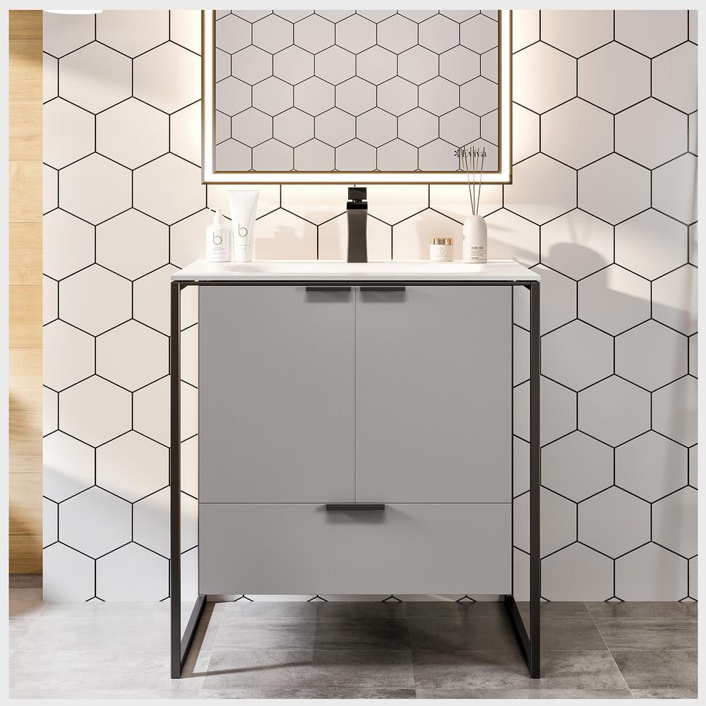 Moma 32 in. W x 18 in. D x 34 in. H Bathroom Vanity in Gray with White Solid Surface Top with White Sink