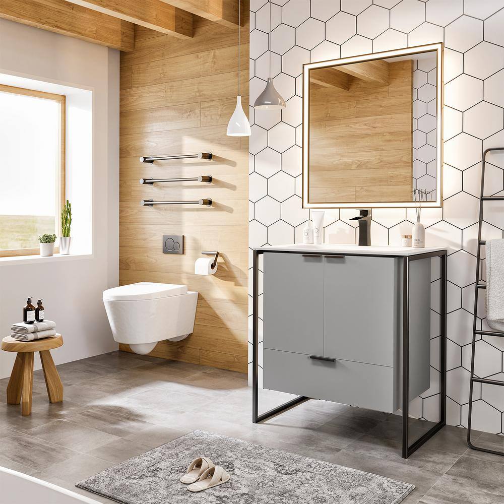 Moma 32 in. W x 18 in. D x 34 in. H Bathroom Vanity in Gray with White Solid Surface Top with White Sink
