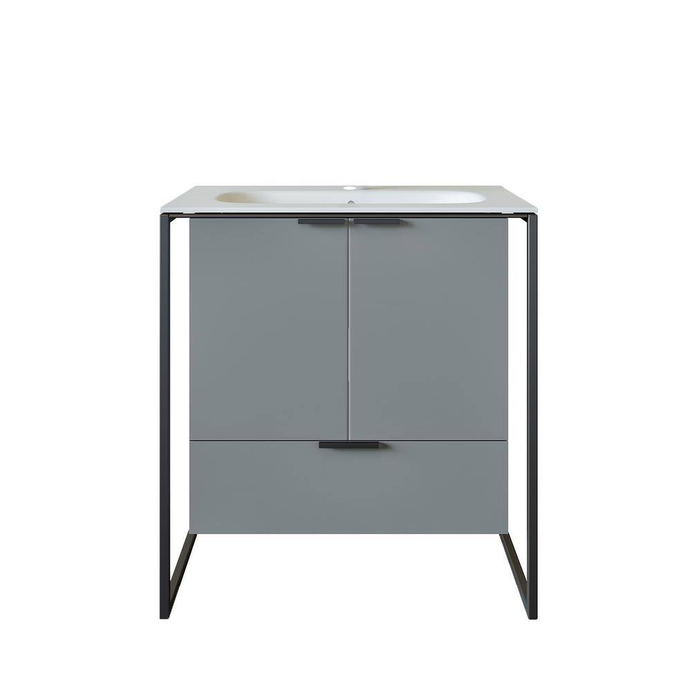 Moma 32 in. W x 18 in. D x 34 in. H Bathroom Vanity in Gray with White Solid Surface Top with White Sink