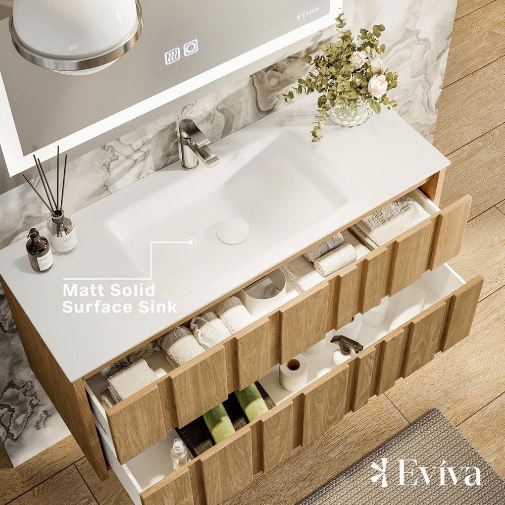 Eviva Lumber 44 in. W Solid Wood Floating Bathroom Vanity in Oak with White Solid Surface Top and Integrated White Sink