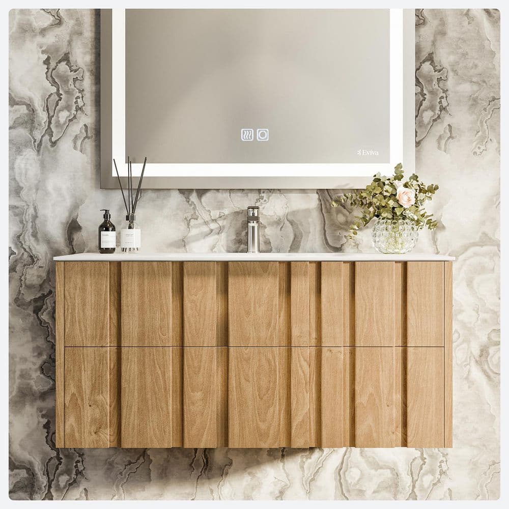 Eviva Lumber 44 in. W Solid Wood Floating Bathroom Vanity in Oak with White Solid Surface Top and Integrated White Sink