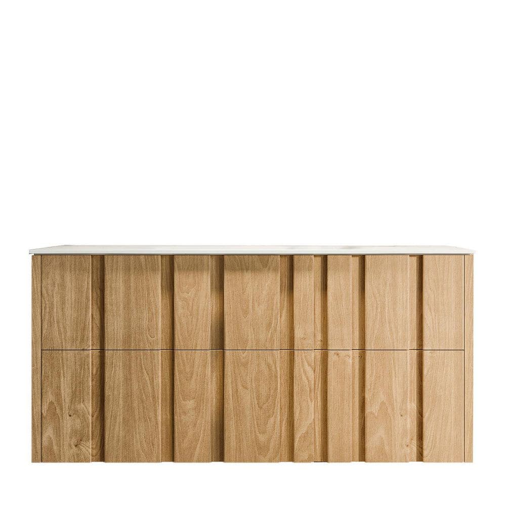 Eviva Lumber 44 in. W Solid Wood Floating Bathroom Vanity in Oak with White Solid Surface Top and Integrated White Sink