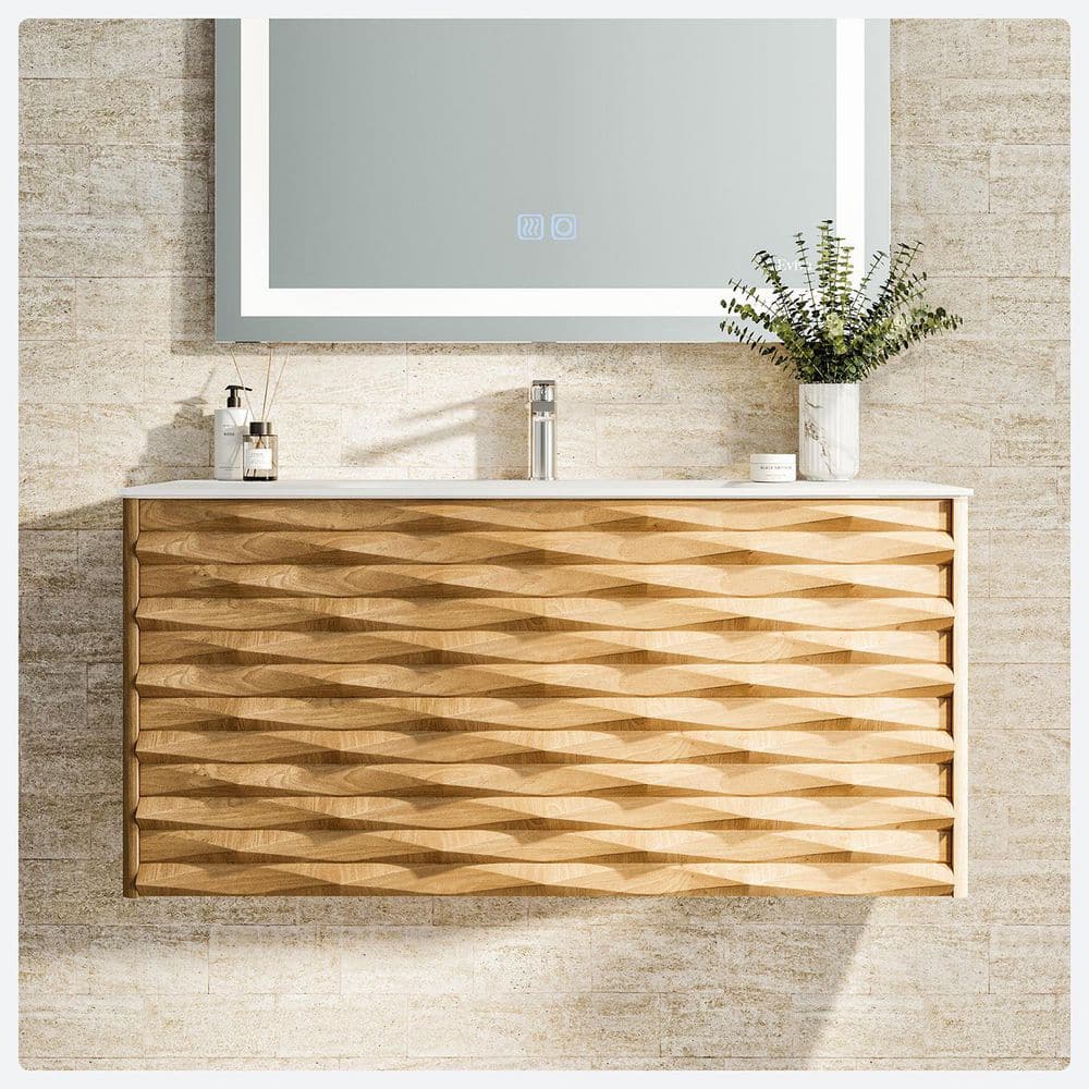 Eviva Oahu 32 in. W Solid Wood Bathroom Vanity in Oak With White Acrylic Top with White Sink