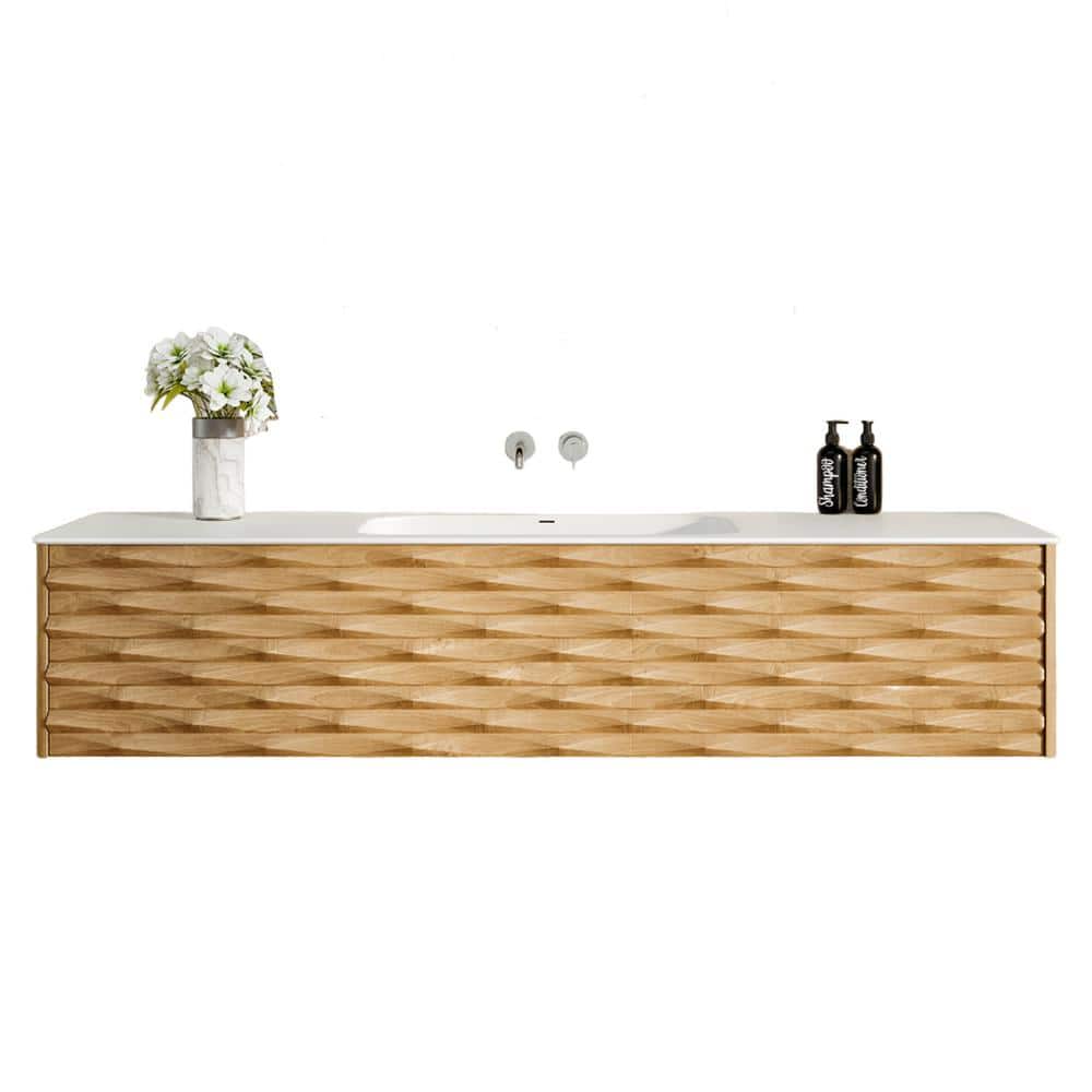 Eviva Oahu 55 in. W Solid Wood Floating Bath Vanity in Natural Oak with White Solid Surface Top