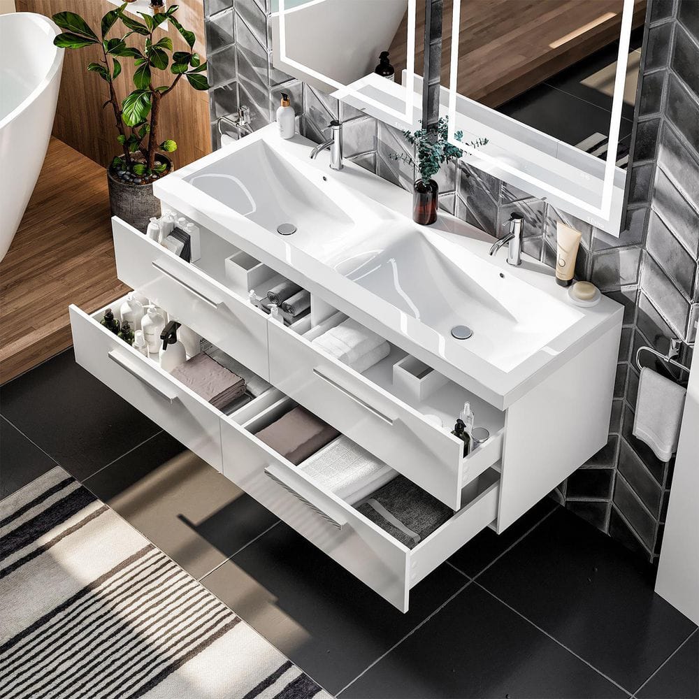 Eviva Surf 57 in. W x 19 in. D x 24 in. H Floating Double-Sink Bathroom Vanity in White with White Acrylic Top