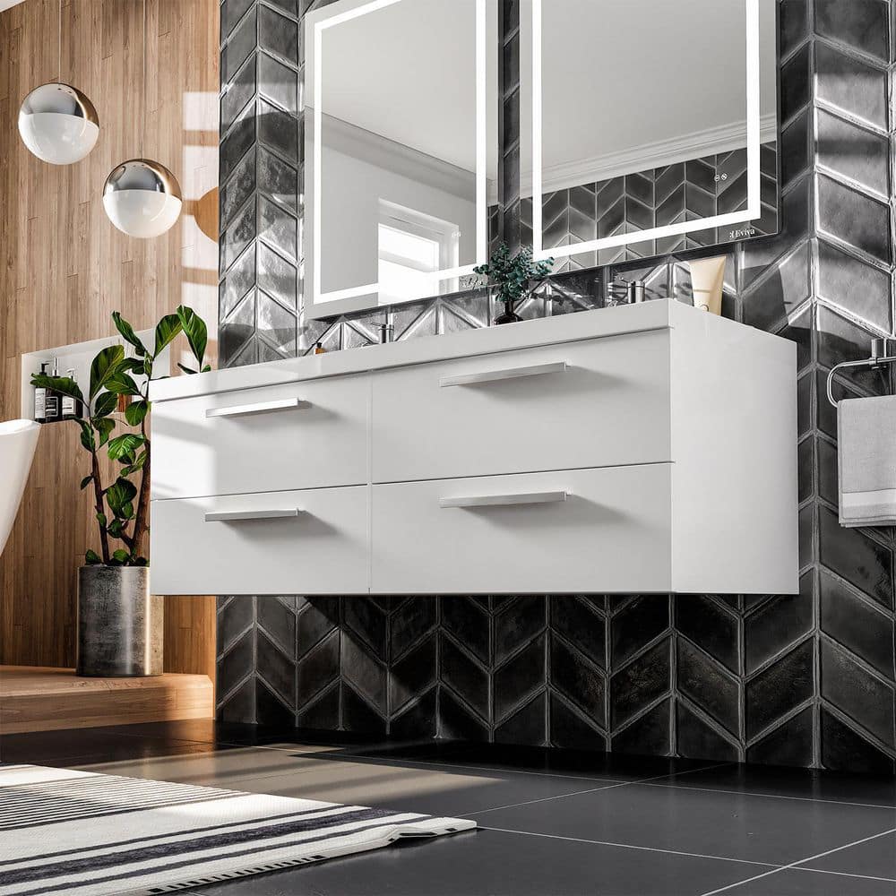 Eviva Surf 57 in. W x 19 in. D x 24 in. H Floating Double-Sink Bathroom Vanity in White with White Acrylic Top