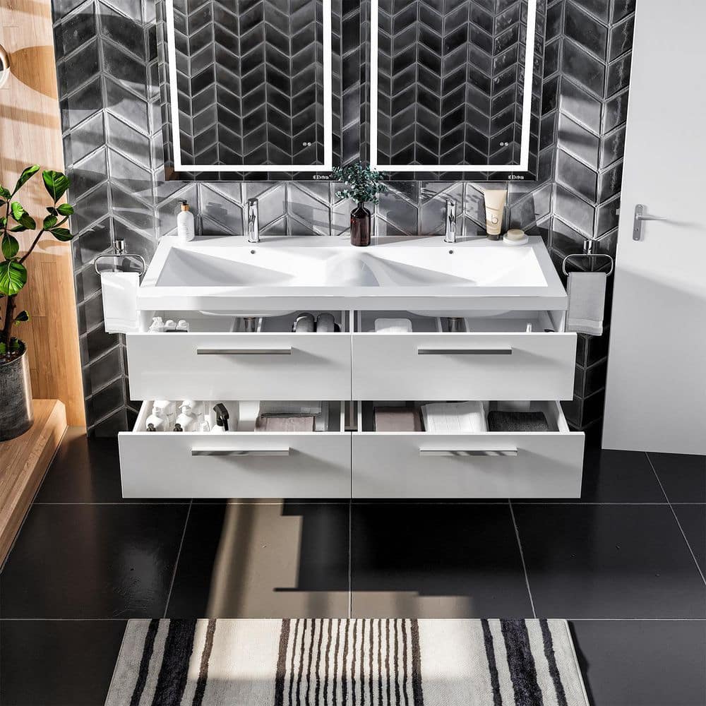Eviva Surf 57 in. W x 19 in. D x 24 in. H Floating Double-Sink Bathroom Vanity in White with White Acrylic Top