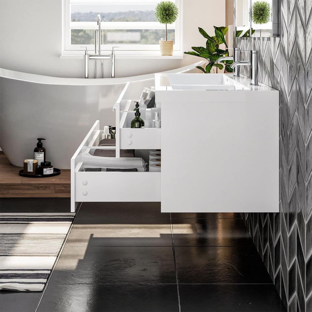 Eviva Surf 57 in. W x 19 in. D x 24 in. H Floating Double-Sink Bathroom Vanity in White with White Acrylic Top
