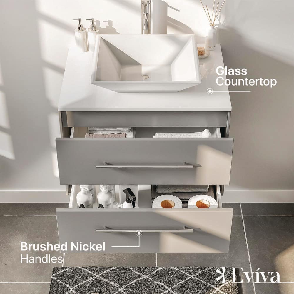 Eviva Totti Wave 24 in. W x 21 in. D x 22 in. H Floating Bathroom Vanity in Gray with White Glassos Top and White Vessel Sink