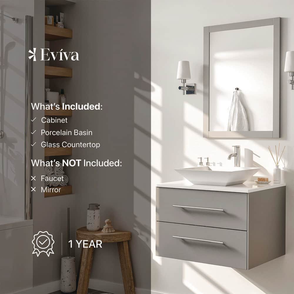 Eviva Totti Wave 24 in. W x 21 in. D x 22 in. H Floating Bathroom Vanity in Gray with White Glassos Top and White Vessel Sink