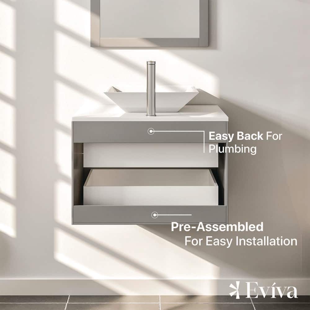 Eviva Totti Wave 24 in. W x 21 in. D x 22 in. H Floating Bathroom Vanity in Gray with White Glassos Top and White Vessel Sink