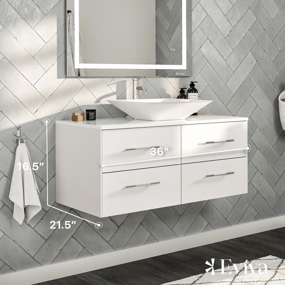 Eviva Totti Wave 36 in. W x 21.75 in. D x 16 in. H Floating Bathroom Vanity in Espresso with White Glassos Top and White Vessel Sink