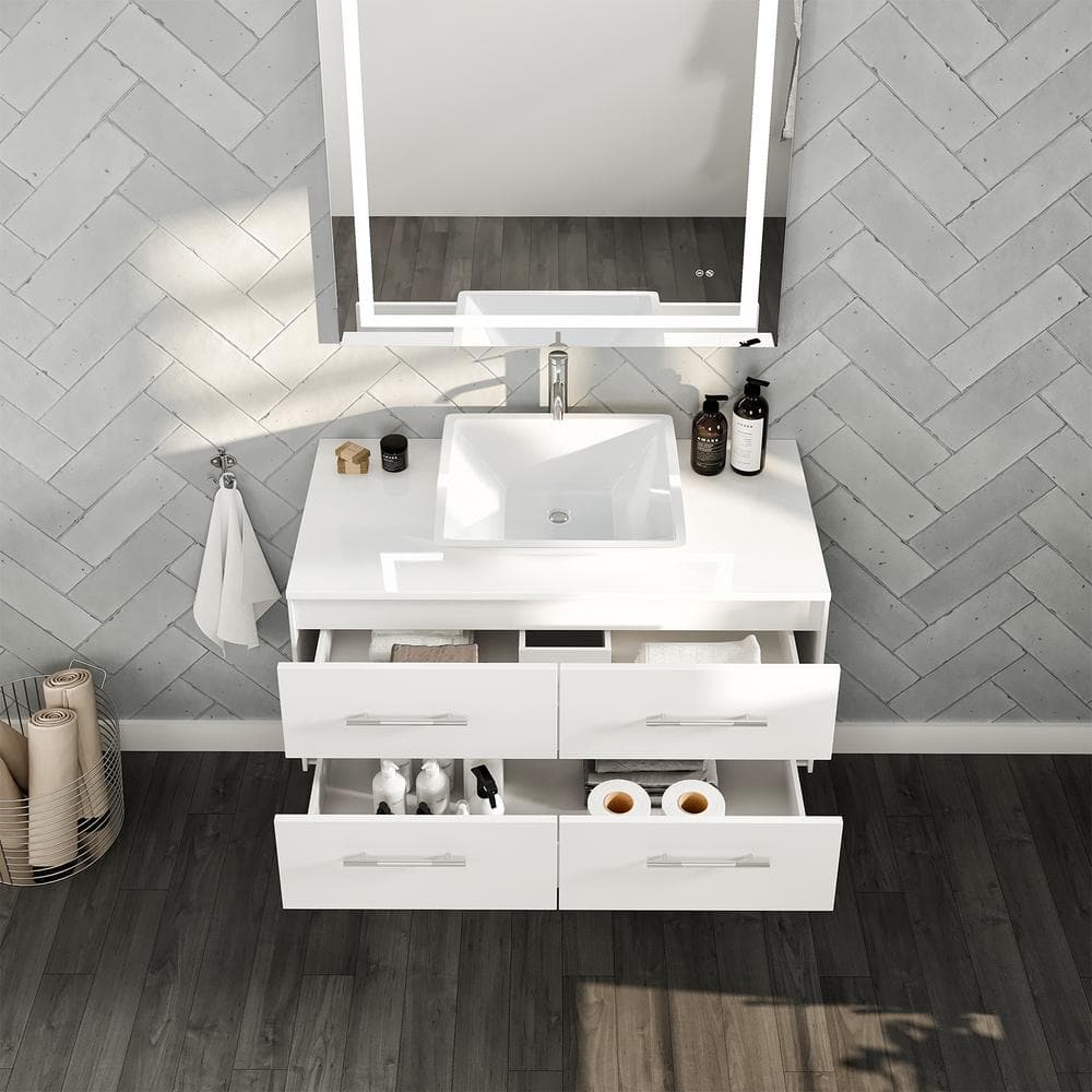 Eviva Totti Wave 36 in. W x 21.75 in. D x 16 in. H Floating Bathroom Vanity in Espresso with White Glassos Top and White Vessel Sink