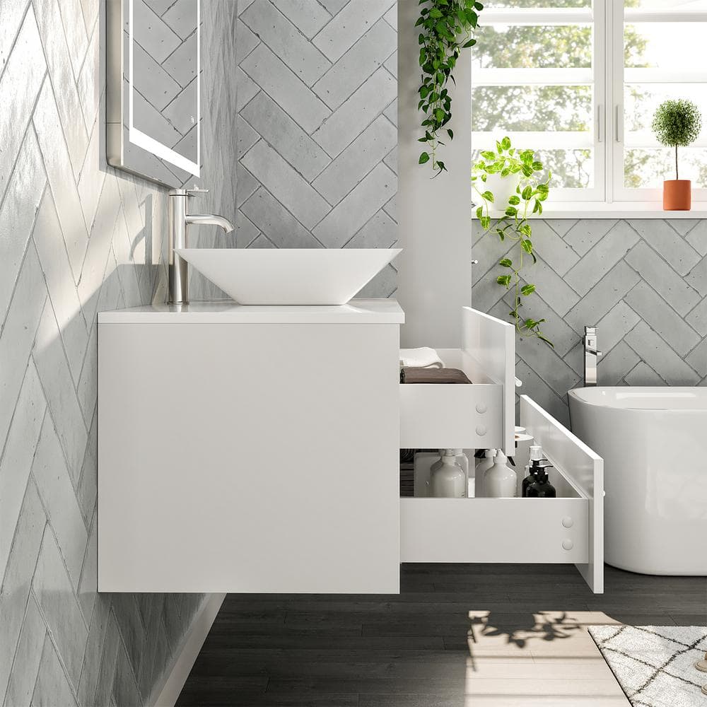 Eviva Totti Wave 36 in. W x 21.75 in. D x 16 in. H Floating Bathroom Vanity in Espresso with White Glassos Top and White Vessel Sink