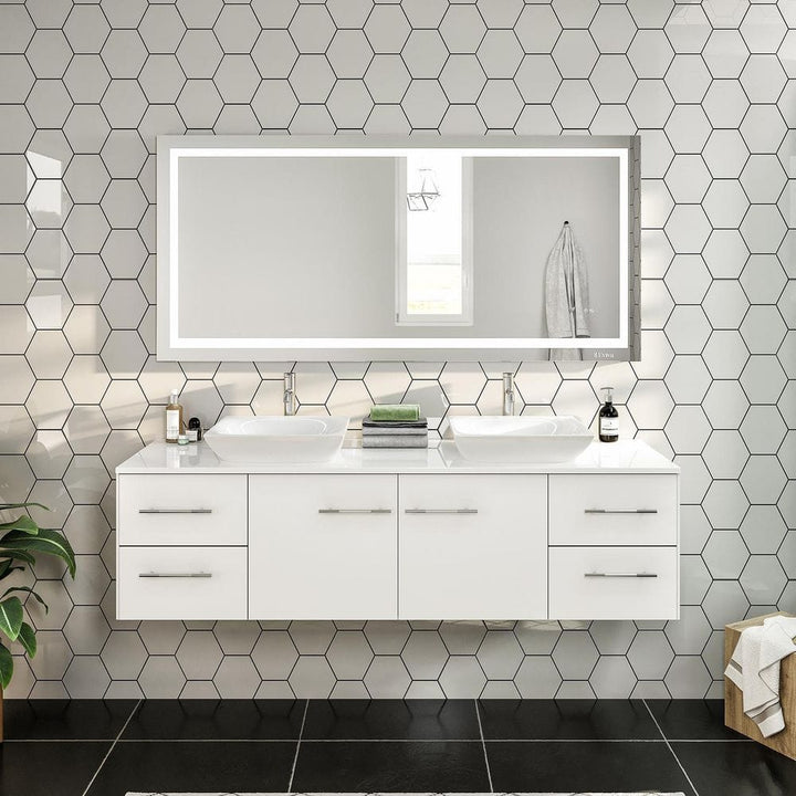 Eviva Totti Wave 60 in. Double Sink Floating Bathroom Vanity in White with White Glassos Top and White Vessel Sinks