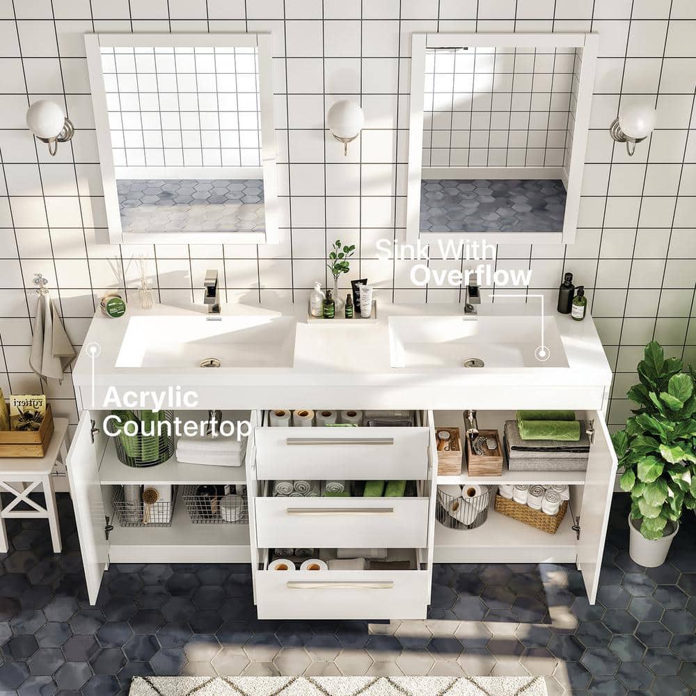 Eviva Lugano 60 in. W x 19 in. D x 36 in. H Double Bath Natural Oak Vanity with White Acrylic Top and Integrated Sinks