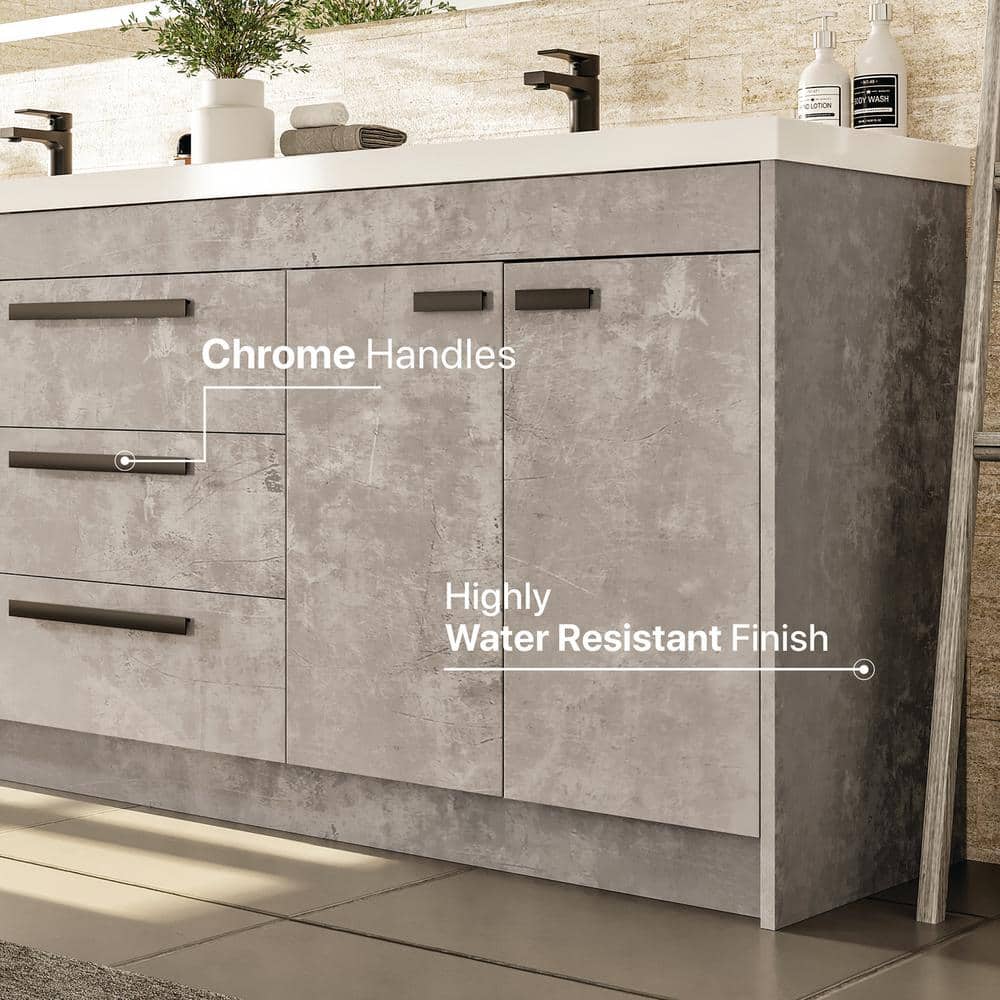 Eviva Lugano 72 in. W x 19 in. D x 36 in. H Double Bathroom Vanity, Cement Gray, White Acrylic Top with Integrated Sinks