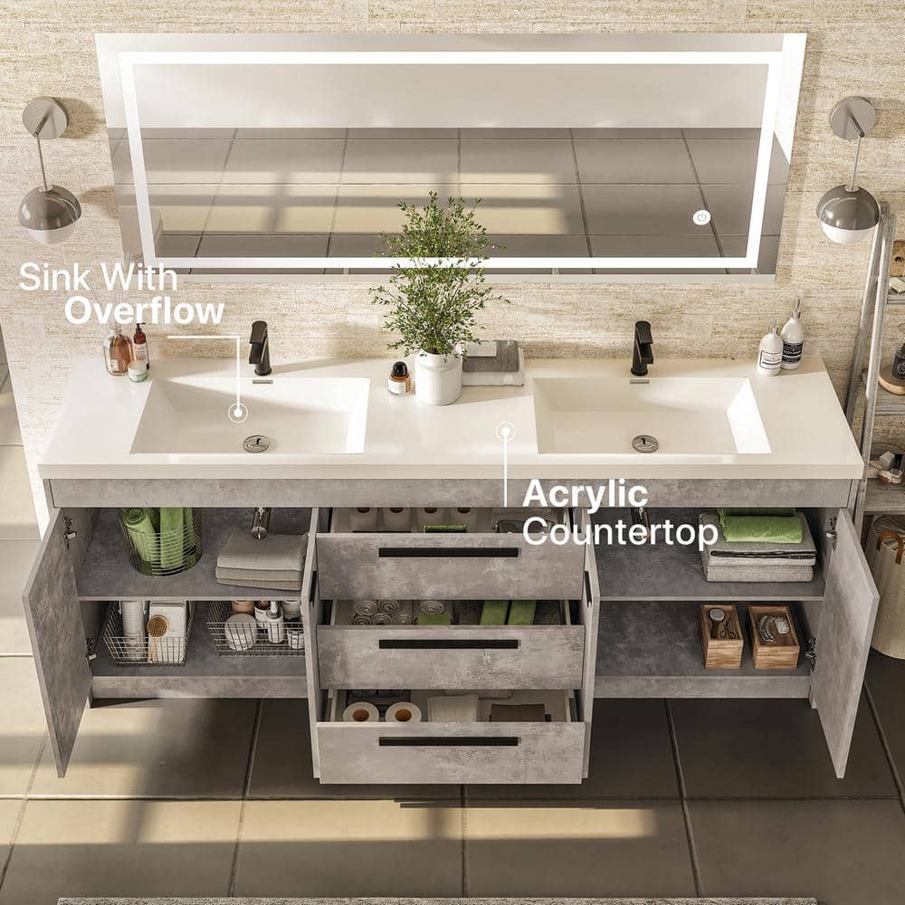 Eviva Lugano 72 in. W x 19 in. D x 36 in. H Double Bath Vanity, Gray, with White Acrylic Top and Integrated Sinks