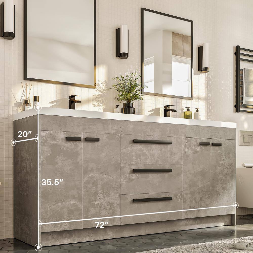 Eviva Lugano 72 in. W x 19 in. D x 36 in. H Double Bathroom Vanity, Cement Gray, White Acrylic Top with Integrated Sinks