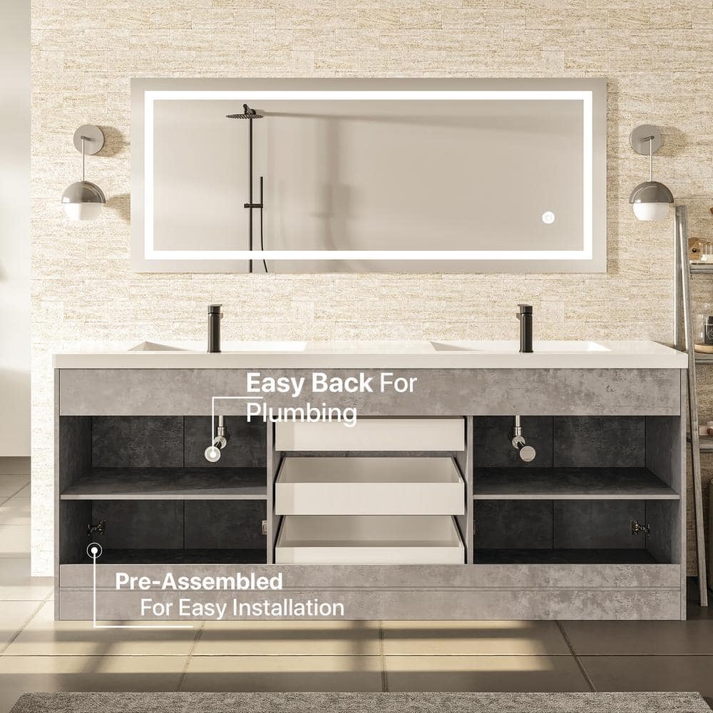 Eviva Lugano 72 in. W x 19 in. D x 36 in. H Double Bathroom Vanity, Cement Gray, White Acrylic Top with Integrated Sinks