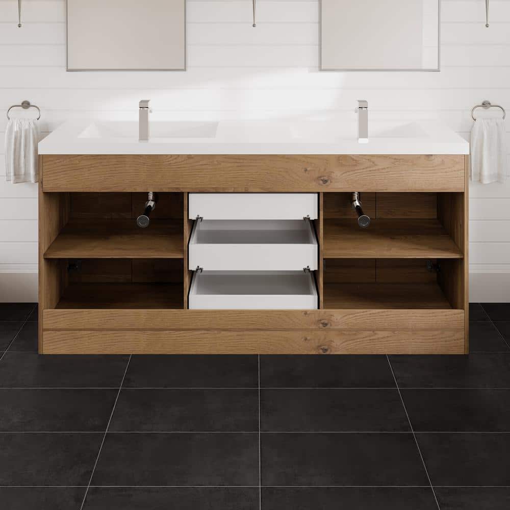 Eviva Lugano 72 in. W x 20 in. D Natural Oak Double Sink Bathroom Vanity with White Acrylic Integrated Top Sink
