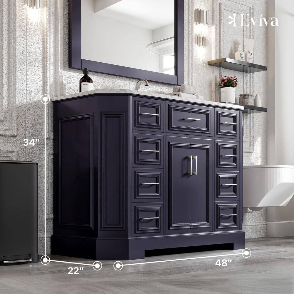 Eviva Glory 48 in. W x 22 in. D x 34 in. H Single Bath Vanity in Dark Gray with White Carrara Marble Top with White Sink