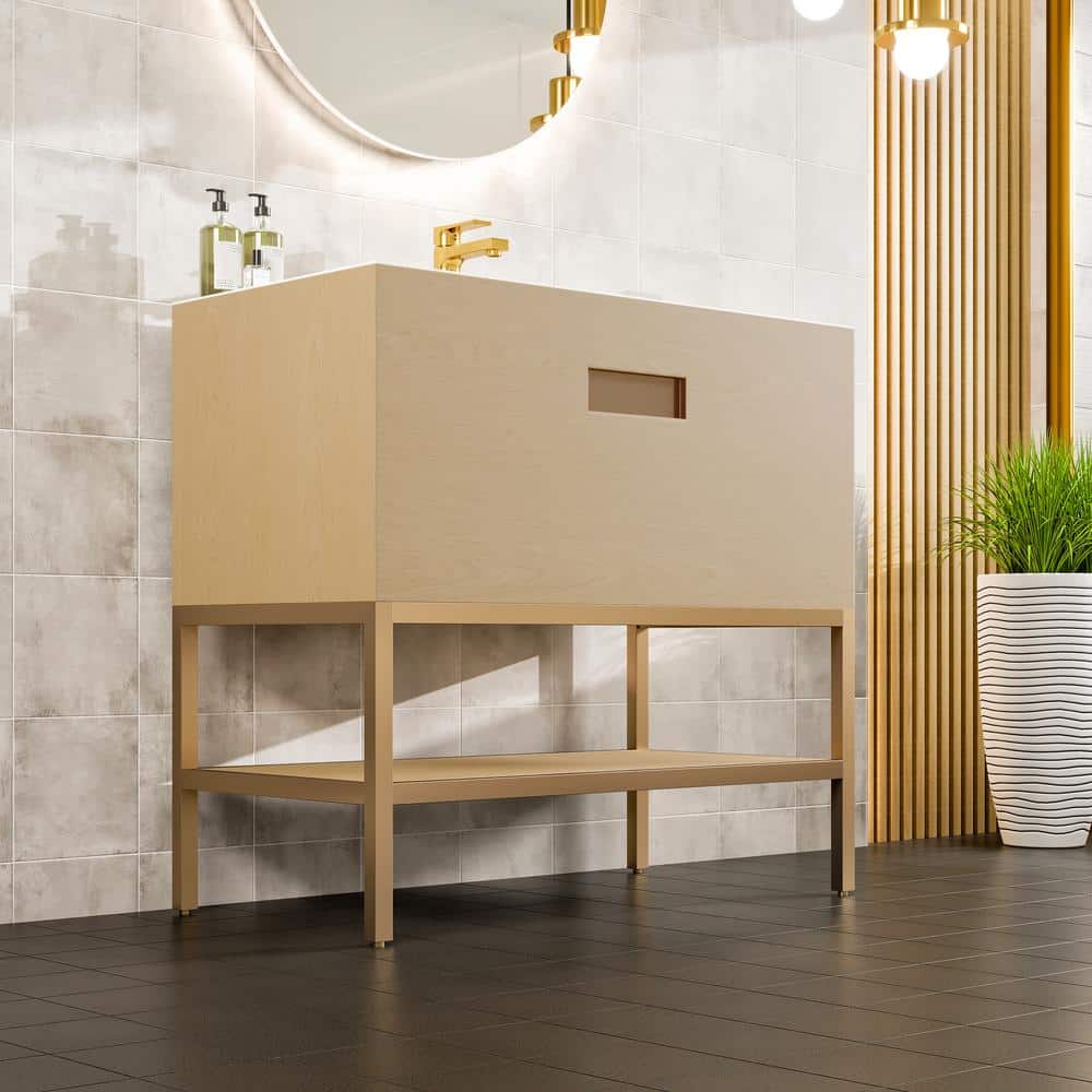 Eviva Iris 35 in. W. x 22 in. D x 33.5 in. H Oak Freestanding Bathroom Vanity with White Solid Surface Integrated Sink Top