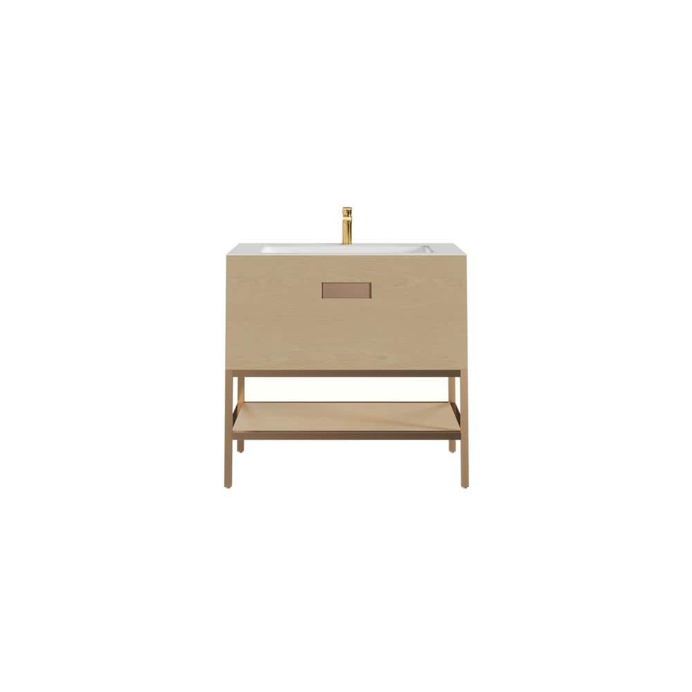 Eviva Iris 35 in. W. x 22 in. D x 33.5 in. H Oak Freestanding Bathroom Vanity with White Solid Surface Integrated Sink Top