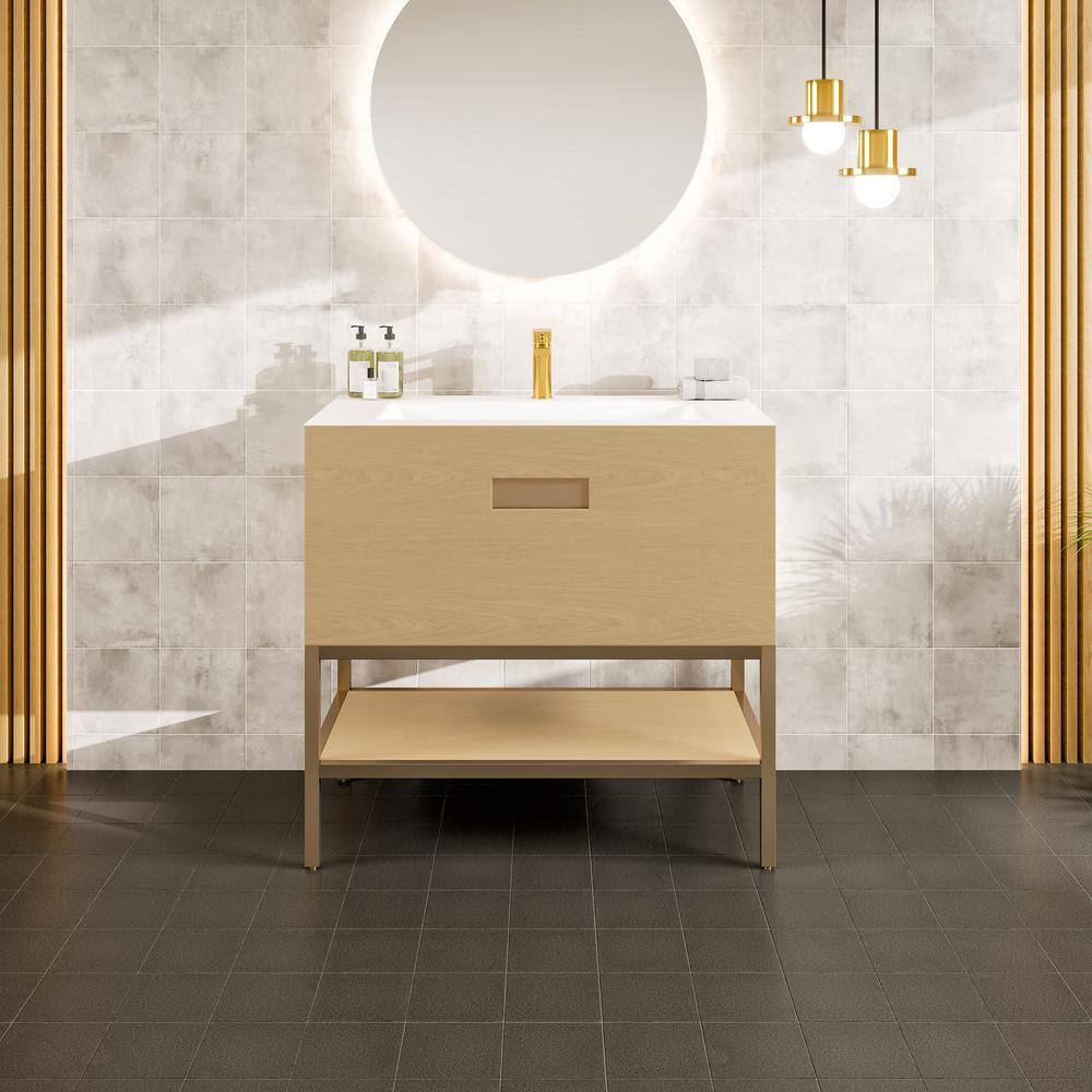 Eviva Iris 35 in. W. x 22 in. D x 33.5 in. H Oak Freestanding Bathroom Vanity with White Solid Surface Integrated Sink Top