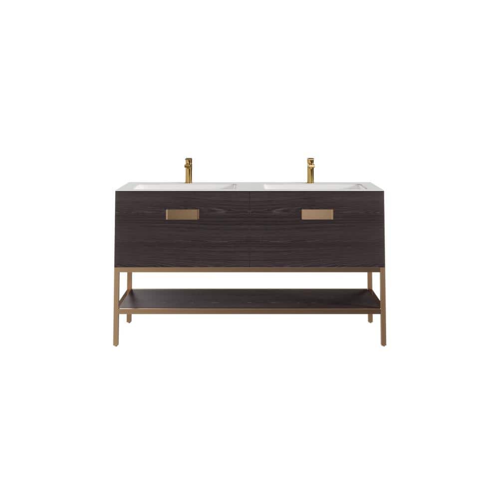 Eviva Iris 59 in. W. x 22 in. D x 33.5 in. H Gray Oak Freestanding Double Bath Vanity with White Solid Surface Integrated Top