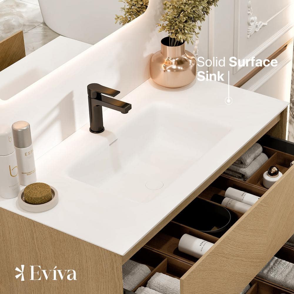 Eviva Lotus 30 in. W. x 22 in. D x 22 in. H Oak Wall Mount Bathroom Vanity with White Solid Surface Integrated Sink Top