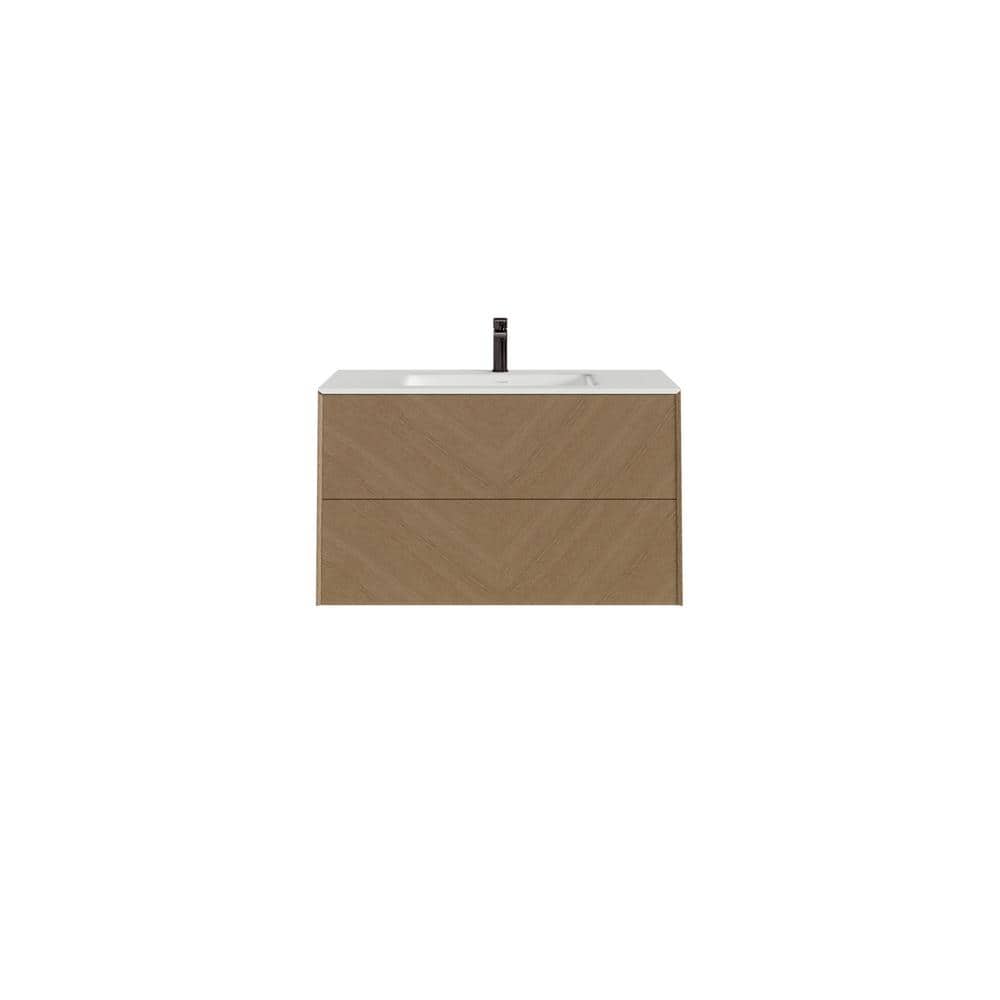 Eviva Lotus 30 in. W. x 22 in. D x 22 in. H Oak Wall Mount Bathroom Vanity with White Solid Surface Integrated Sink Top