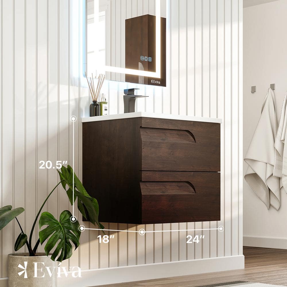 Eviva Joyous 24 in. W x 18 in. D x 22.5 in. H Floating Bath Vanity in Rosewood with White Porcelain Top